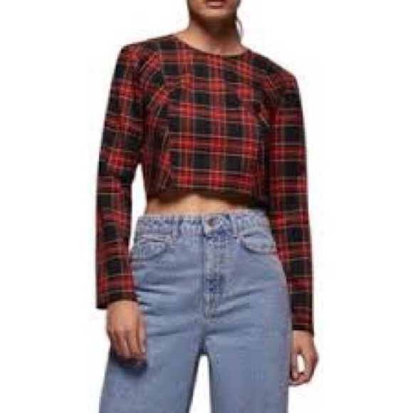 Zara Tops - Zara Women’s Long Sleeve Black/Red Plaid Crop Top Sz S NWOT
